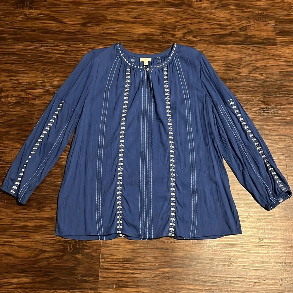 J. Jill Women’s Blue Embroidery Peasant Tunic  Top Balloon Sleeves Size Medium - Picture 2 of 6